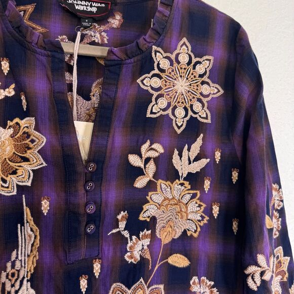 Johnny Was Dress Women Small Embroidered Floral Plaid Shift Southwest Boho NEW - Picture 5 of 13